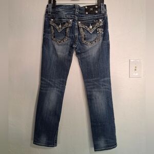 Miss Me Women's Blue Straight Jeans with Embellished Pockets Size 28.